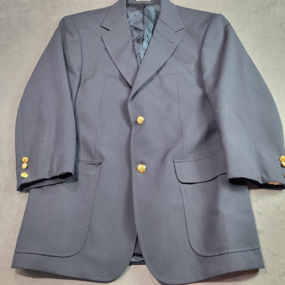 Lacrosse Mens Navy Blue Wool Blend Gold Crest Button Blazer‎ Sport Coat 39R